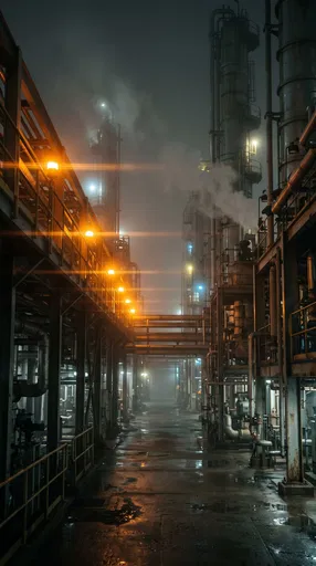 Foggy Industrial Plant Corridor at Night