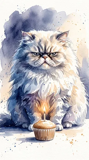 Grumpy Persian Cat With Birthday Cupcake