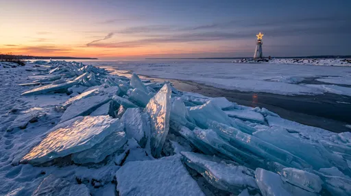 Frozen Lake Shoreline and Christmas Lighthouse