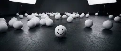 Smiley Face Sphere Among Plain White Spheres
