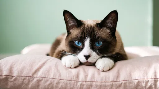 Snowshoe Cat Resting on Linen Cushion