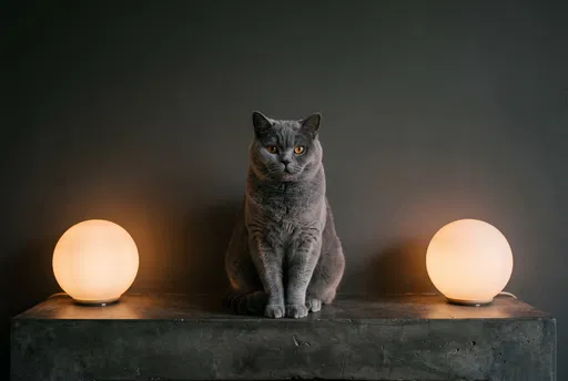 British Shorthair Cat Between Glowing Lamps
