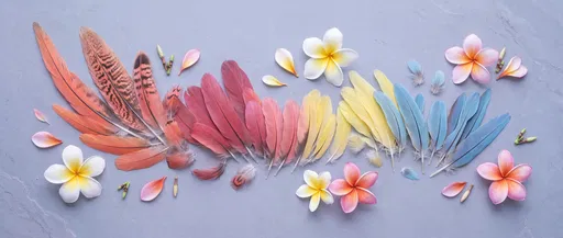 Colorful Feathers and Plumeria Flat Lay