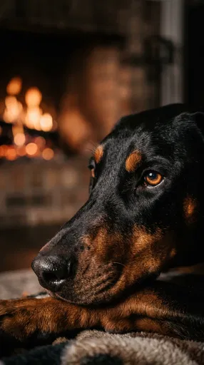 Doberman Pinscher Resting by Fireplace
