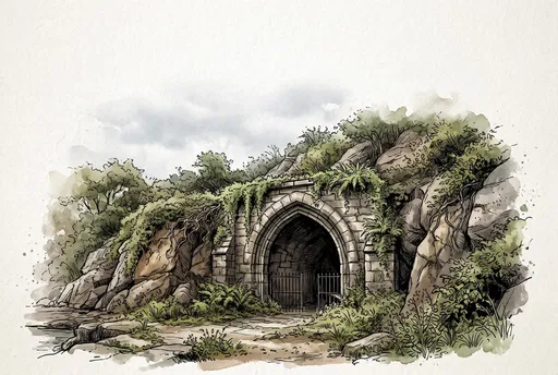 Watercolor Illustration of Gothic Stone Cave Arch