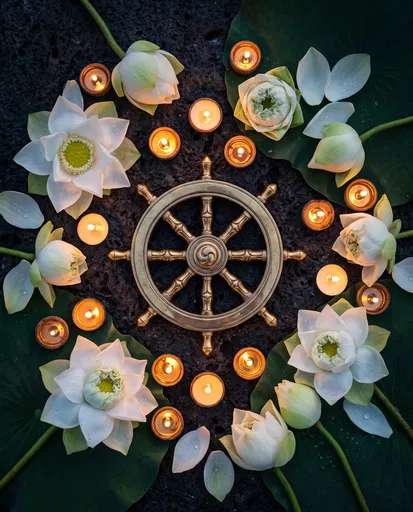 Brass Dharma Wheel With Lotus and Candles