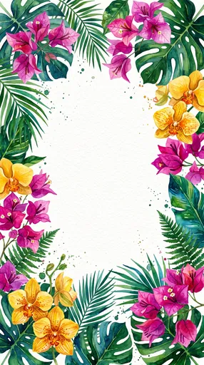 Tropical Watercolor Floral Frame with Copy Space