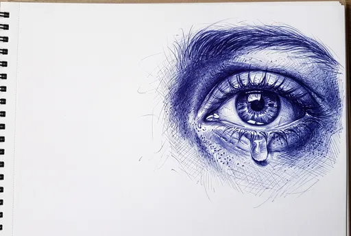 Blue Ballpoint Sketch of Tearful Eye