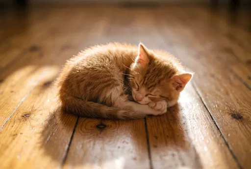 Sleeping Ginger Kitten on Sunlit Wood Floor