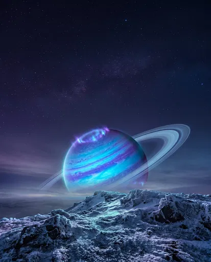 Glowing Ringed Planet Over Icy Exomoon Ridge