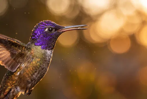 Purple Hummingbird Hovering in Golden Sunset