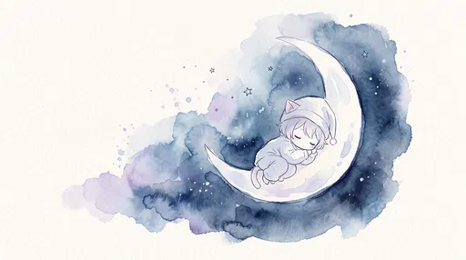 Sleeping Chibi Character on Watercolor Moon