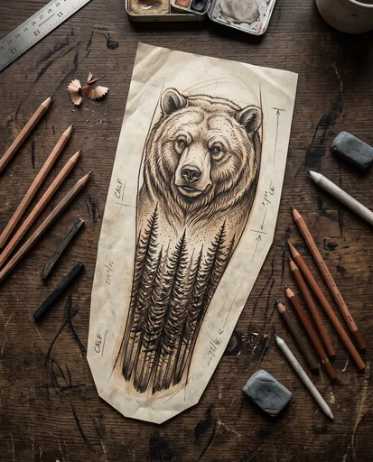 Bear and Forest Tattoo Sketch Flat Lay