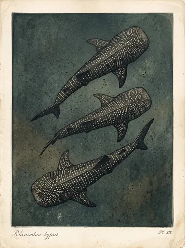 Vintage Aquatint Print of Whale Sharks