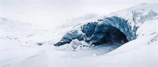 Blue Glacial Ice Cave in Snowy Landscape