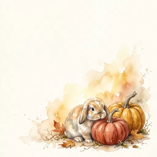 Watercolor Bunny Resting Next to Autumn Pumpkins