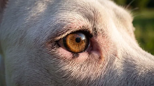 Macro Close-Up of White Dog Amber Eye