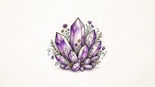 Amethyst Crystal Cluster with Wildflowers Illustration