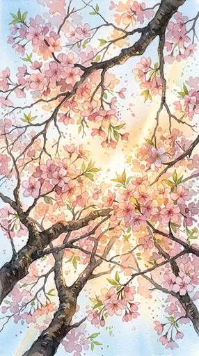Watercolor Cherry Blossoms in Warm Sunlight