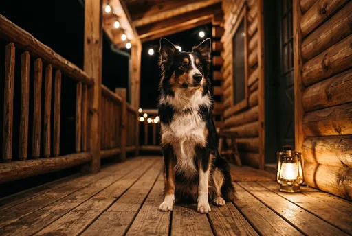 Tricolor Border Collie on Cabin Porch