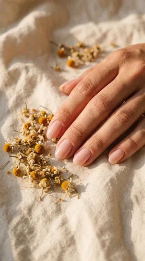 Manicured Hand With Nude Nails and Chamomile