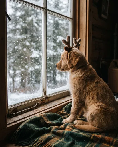 Puppy in Antlers Looking Out Snowy Window
