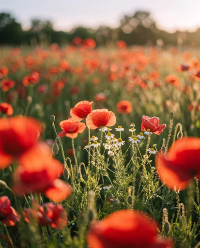 Sunlit Red Poppies and Chamomile Field