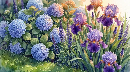 Watercolor Garden with Hydrangeas and Irises