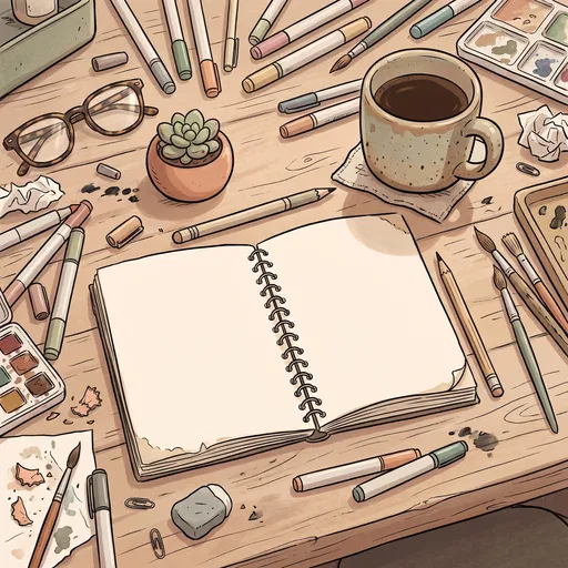 Cozy Artist Desk With Blank Sketchbook