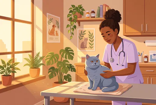 Veterinarian Examining British Shorthair Cat in Clinic