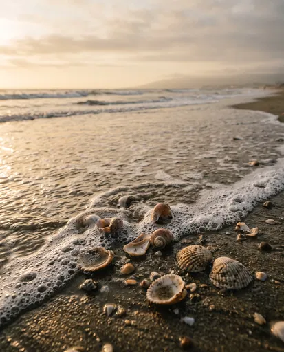 Seashells on Wet Sand at Sunset