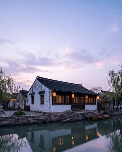 Traditional Jiangnan Canal House at Dusk