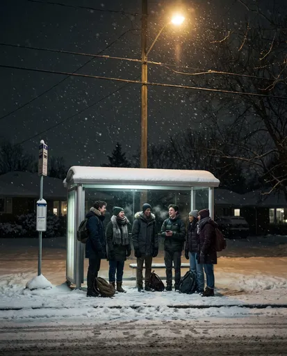 Teenagers Laughing at Snowy Bus Stop