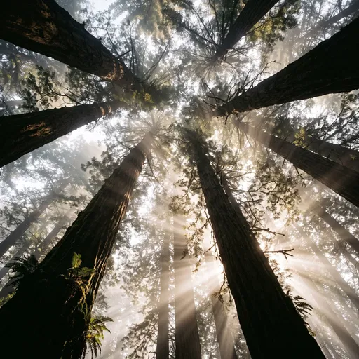 Sunbeams Through Towering Redwood Forest Canopy