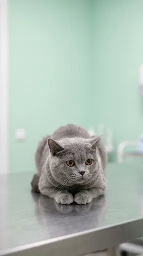 Grey Cat Crouching on Vet Table