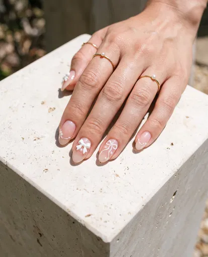 Coquette Bow and Pearl Nail Art
