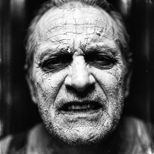 Monochrome Portrait of Man in Cracked Makeup