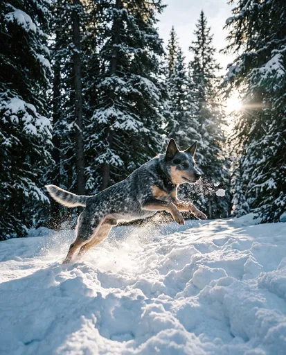 Australian Cattle Dog Leaping in Snow