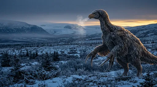 Feathered Therizinosaurus in Snowy Prehistoric Tundra
