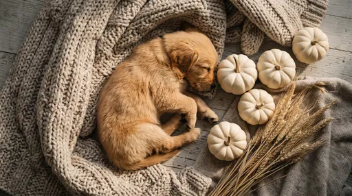 Sleeping Golden Puppy With White Pumpkins