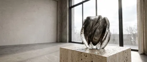 Sculptural Ribbed Glass Vase on Travertine Plinth