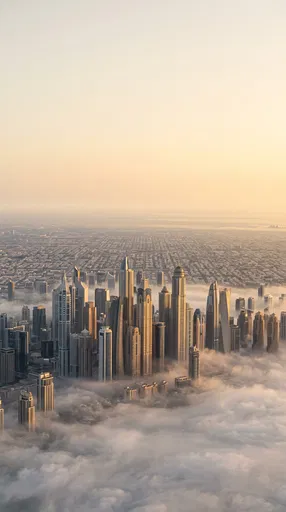 Golden Sunrise Over Foggy Skyscraper Cluster