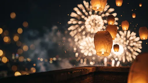 Floating Paper Lanterns and Fireworks at Night