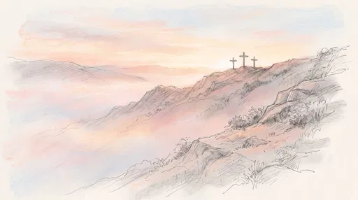 Pastel Sketch of Three Crosses at Dawn