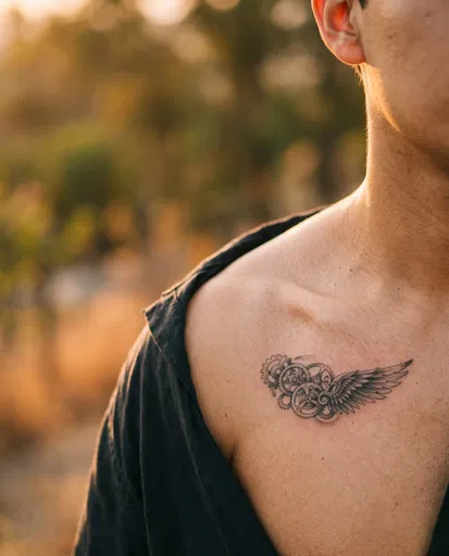 Man With Mechanical Wing Collarbone Tattoo