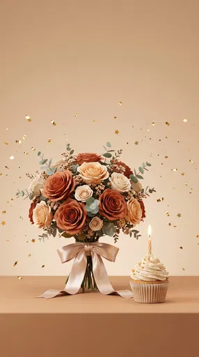 Rose Bouquet and Birthday Cupcake with Confetti