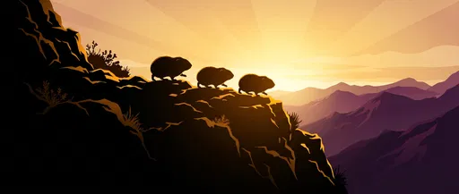 Three Lemmings Marching Across Cliff at Sunrise