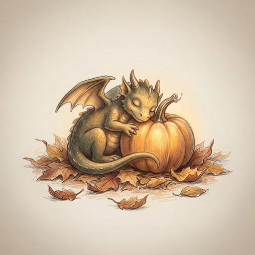 Sleepy Baby Dragon Hugging Autumn Pumpkin