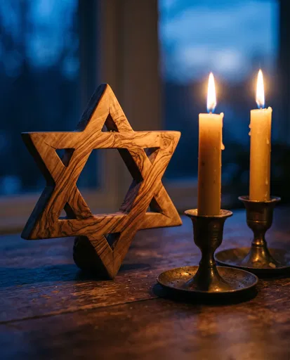 Wooden Star of David and Lit Candles