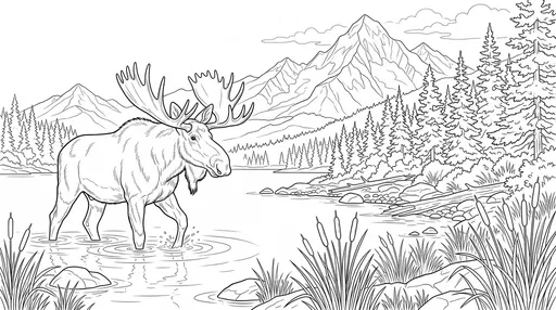 Bull Moose Mountain Lake Coloring Page